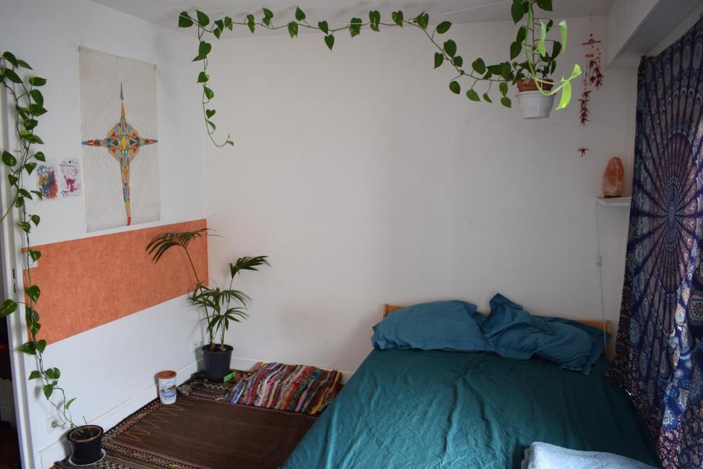 une chambre avec un lit et une plante en pot dans l'établissement La fourmi de Montmartre, à Paris