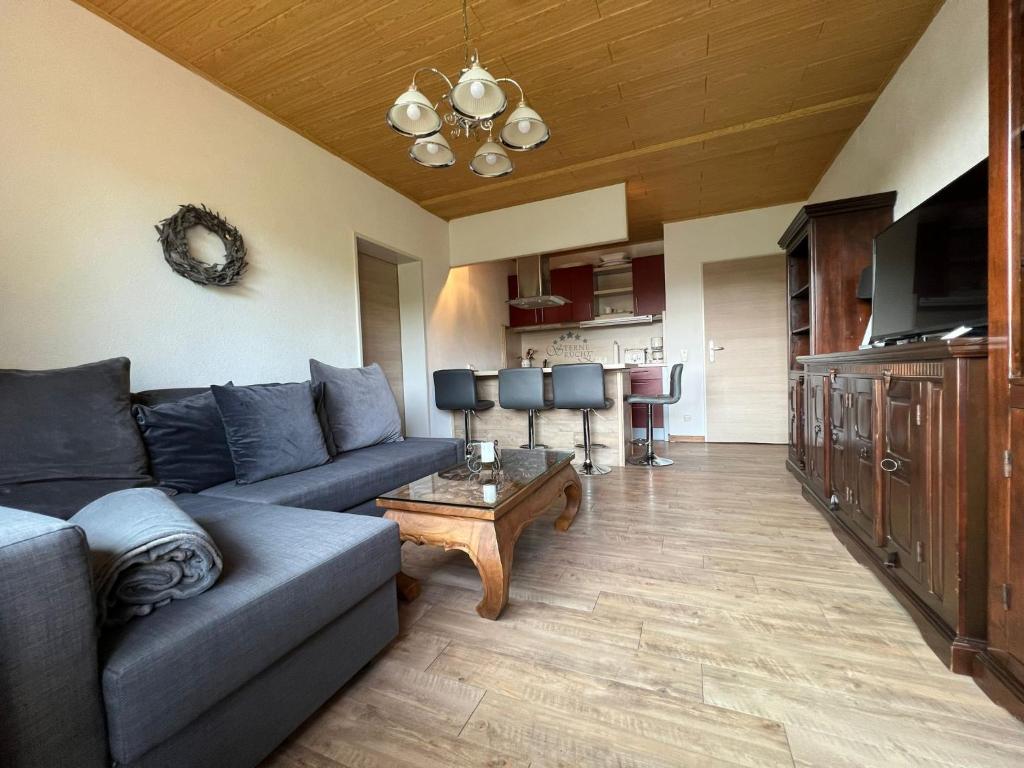 a living room with a couch and a table at Ferienwohnung Hexenstieg in Sankt Andreasberg