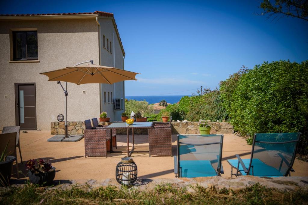 un patio avec une table, des chaises et un parasol dans l'établissement Casa Kallinina, à Esigna