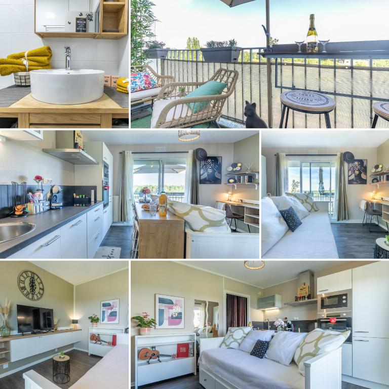 un collage de photos d'une cuisine et d'une maison dans l'établissement Studio Lumineux et plein de charme, à Blois