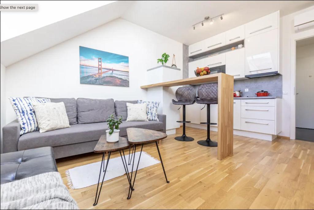 uma sala de estar com um sofá cinzento e uma cozinha em Minimalist's Dream - sunny cozy studio in New Town em Praga