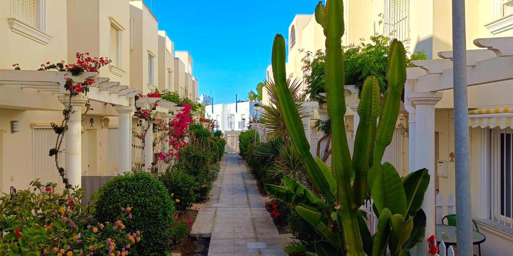 an alley between buildings with plants and flowers at Dúplex en Vera a 200m de la Playa in Vera