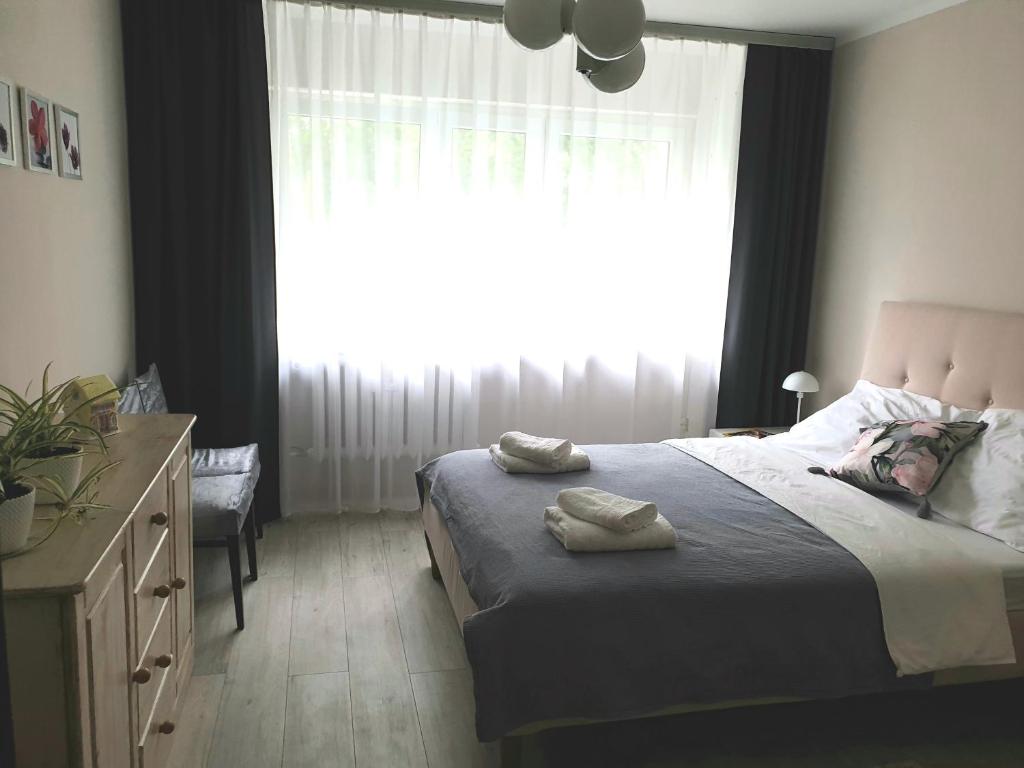 a bedroom with a bed and a large window at Mieszkanie dla całej rodziny in Łódź