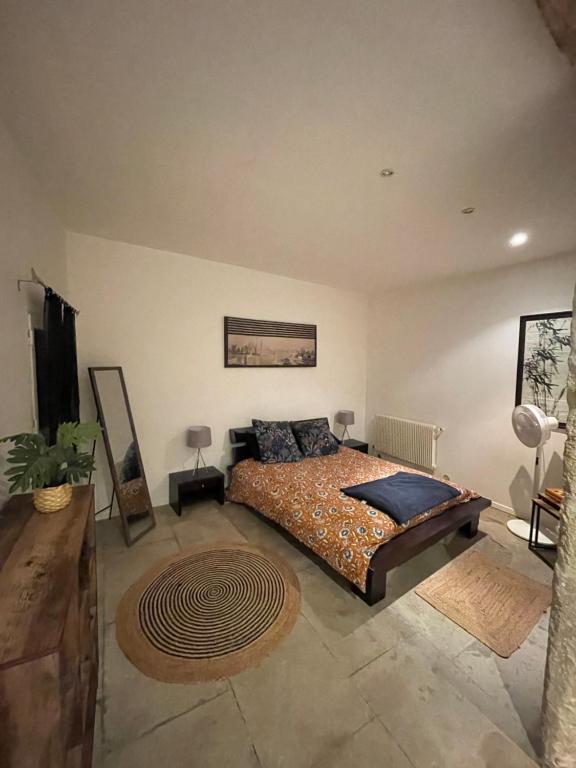 une chambre avec un lit et un tapis dans l'établissement Charmant deux pièces - Tout Confort - écusson, à Montpellier