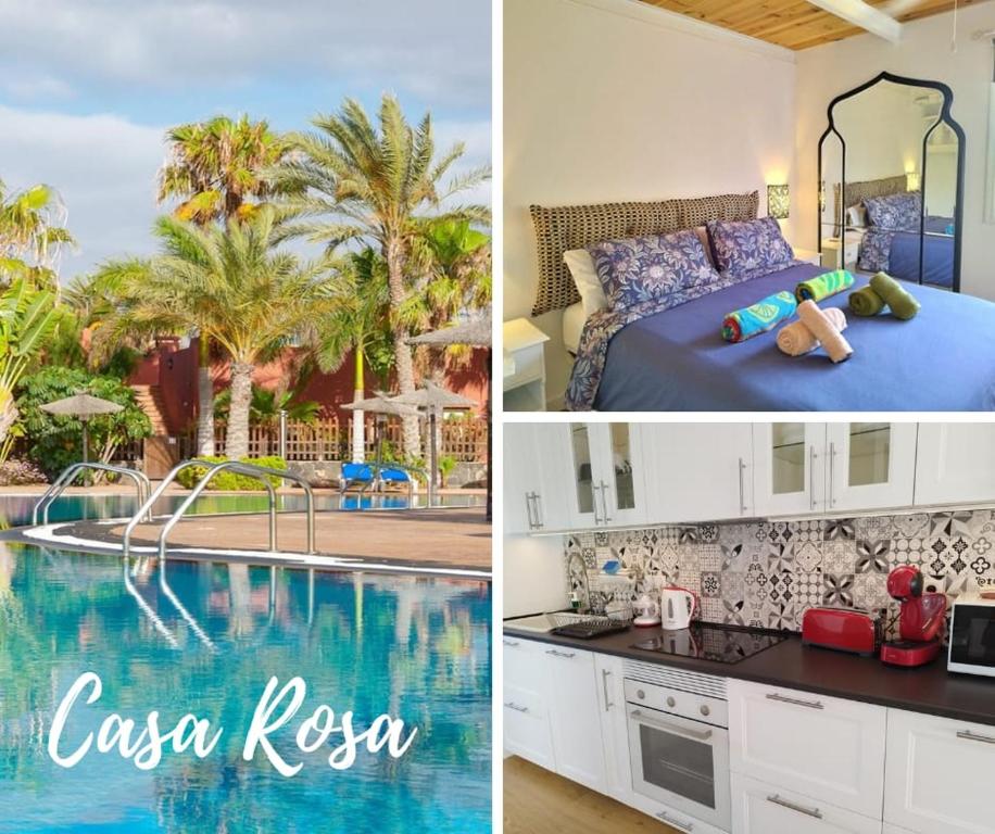 a hotel room with a bed and a swimming pool at Oasis Tamarindo 1 - Casa Rosa - Appartement 2 chambres climatisées in Corralejo