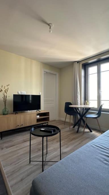 - un salon avec un lit, une télévision et une table dans l'établissement Appartement Cosy Clinique Mathilde, à Rouen