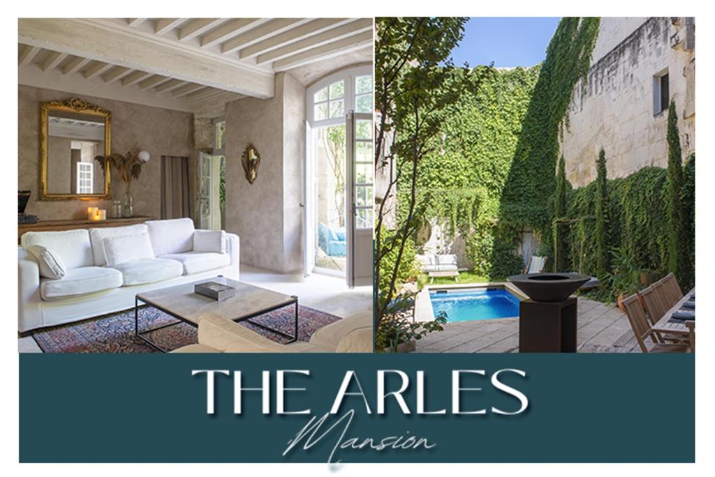 - un salon avec un canapé blanc et une piscine dans l'établissement Private Mansion, completely renovated with swimming pool, in historical center, à Arles