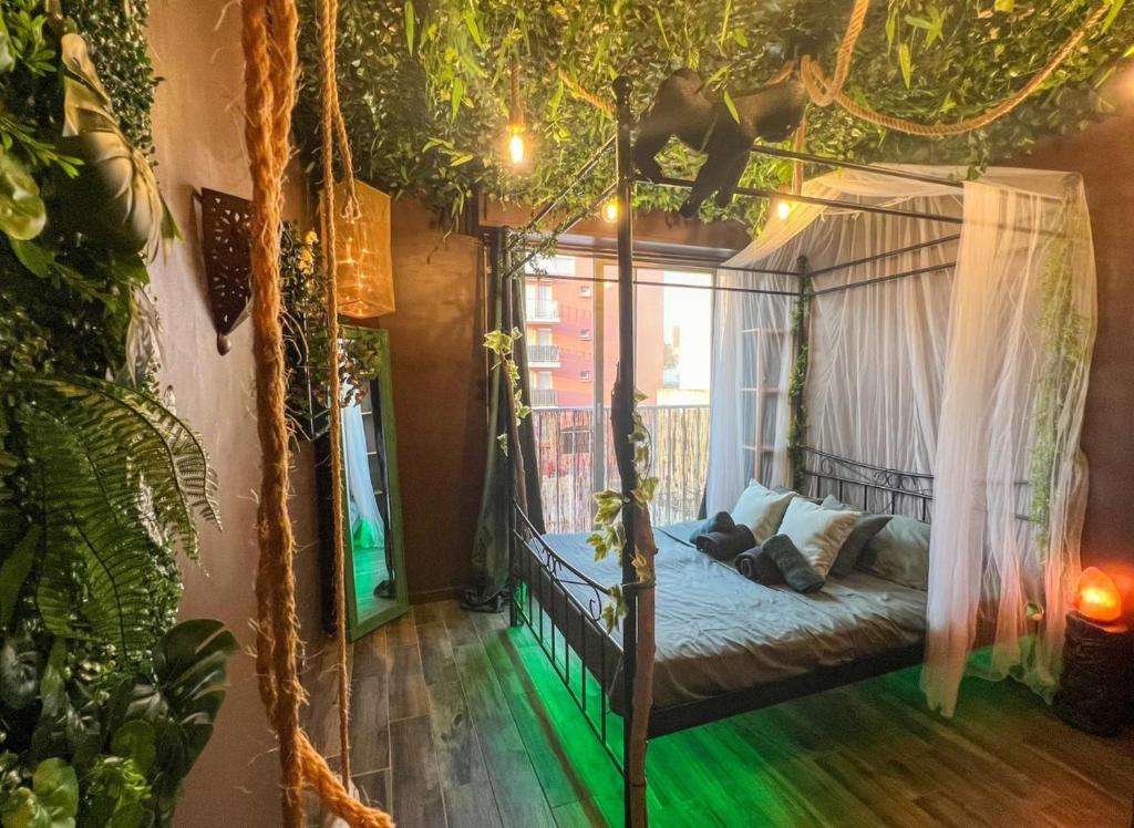 - une chambre avec un lit à baldaquin et des lumières vertes dans l'établissement La Tanière de Mowgli - Plage du môle, au Cap d'Agde
