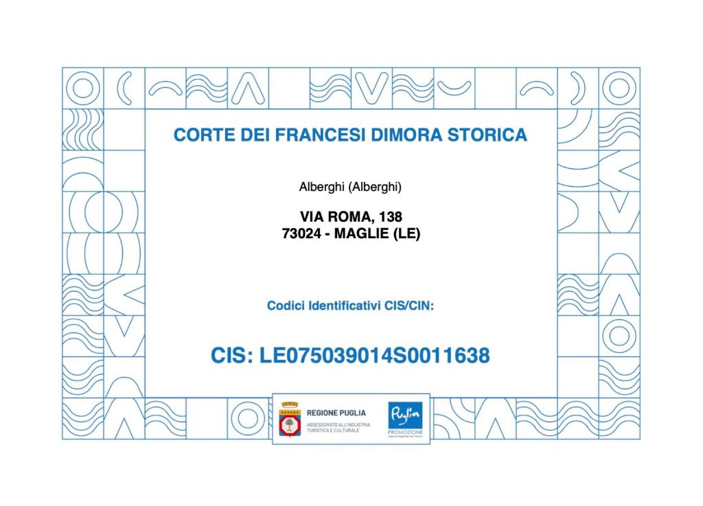 Certifikát, hodnocení, plakát nebo jiný dokument vystavený v ubytování Corte Dei Francesi