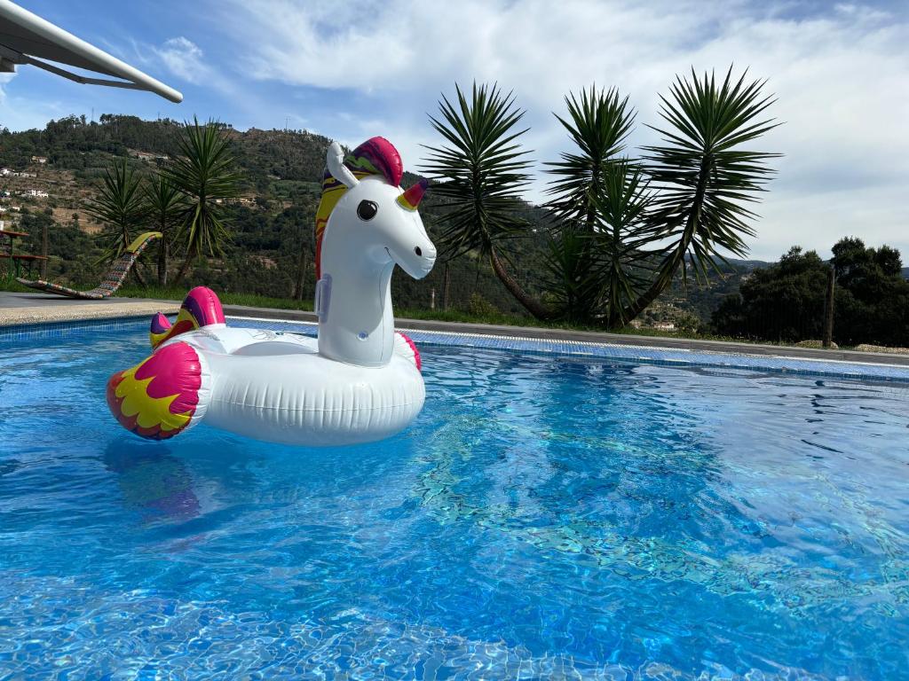a inflatable unicorn float in a swimming pool at Paraiso Relax no Douro in São Cristóvão da Nogueira