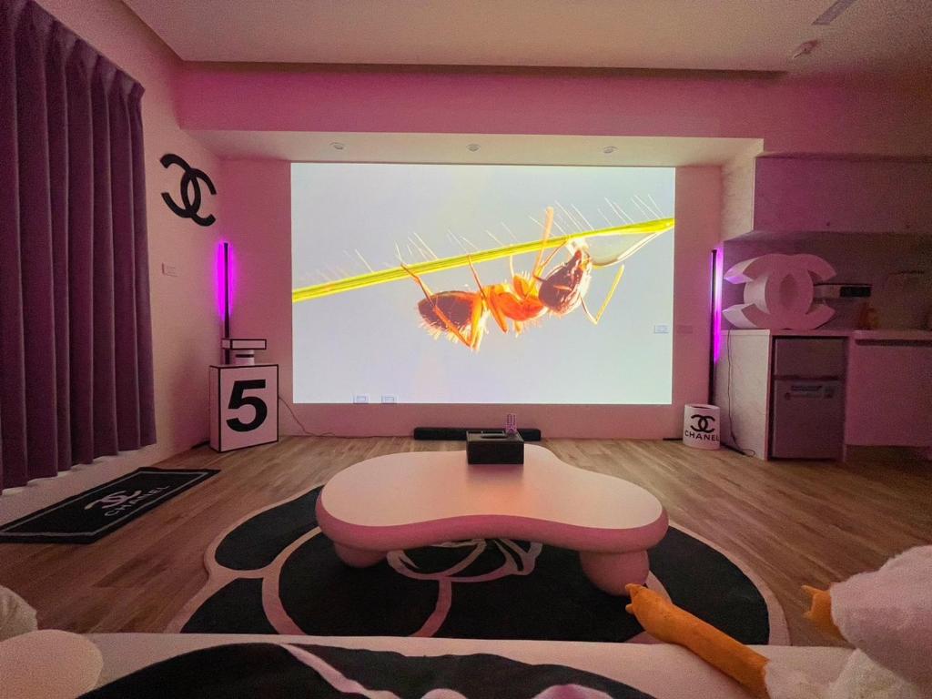 a room with a projection screen with a pink table at 光嶼海溫泉海景無邊際泳池豪華套房 in Hsin-hsing