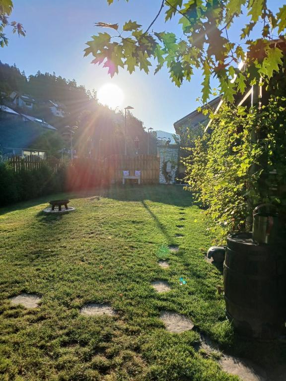 a park with a bench in the middle of a yard at Familienfreundliches-luxus-Bahnwärterhaus in Schiltach