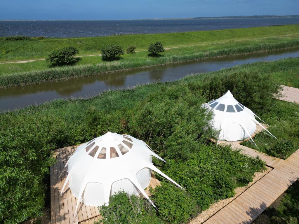 2 tende bianche in un campo vicino a un fiume di Agger Glamping - Fyret a Vestervig