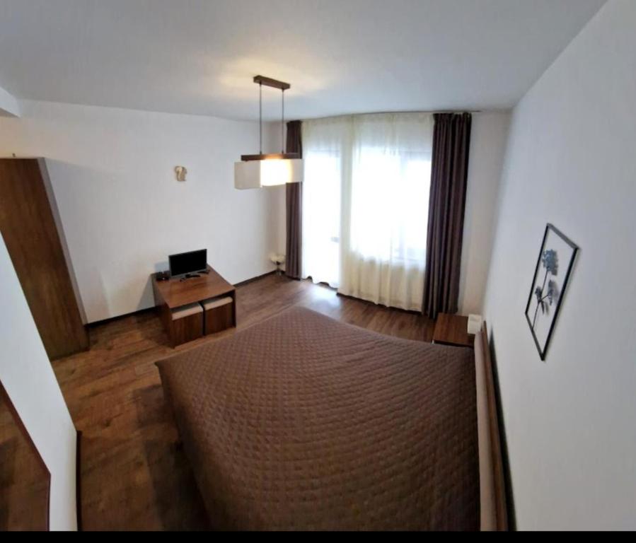 a living room with a bed and a window at Pensiunea Poiana Țibleș in Suplai