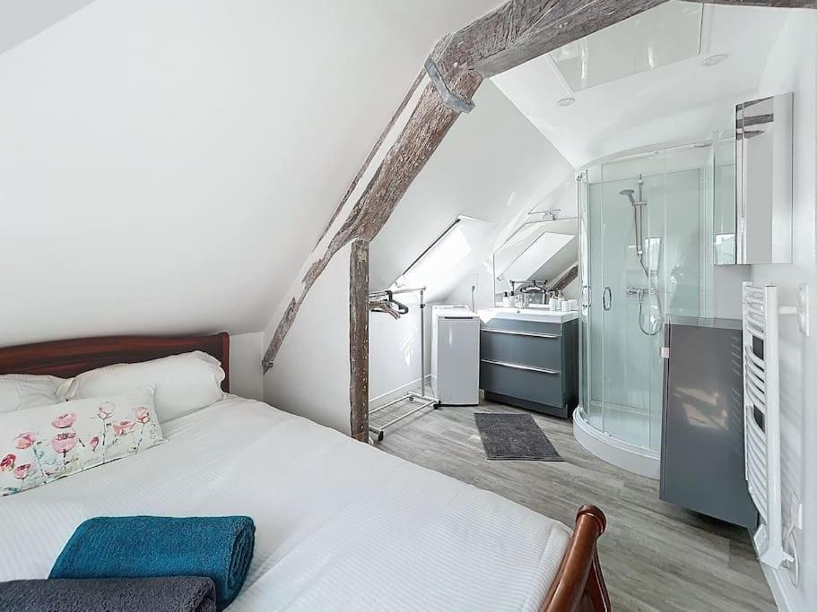 une chambre avec un lit et une salle de bain avec douche dans l'établissement Le Giuseppe - Nid central, à Compiègne