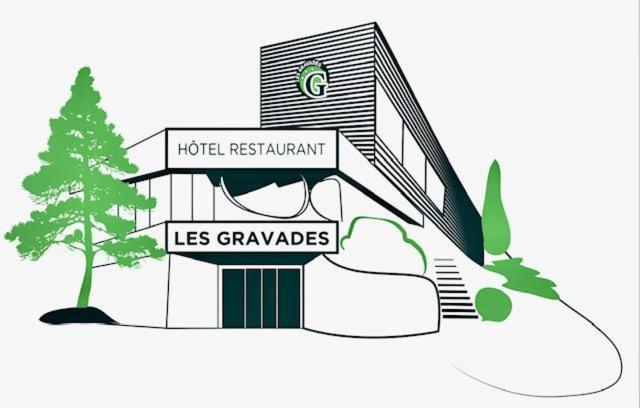 Una ilustración de un hotel con un árbol y un cartel. en Logis Hotel Les Gravades Ussel, en Ussel
