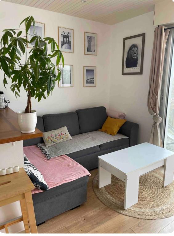 un salon avec un canapé et une table dans l'établissement Charmante maison de ville avec terasse intime, à La Rochelle