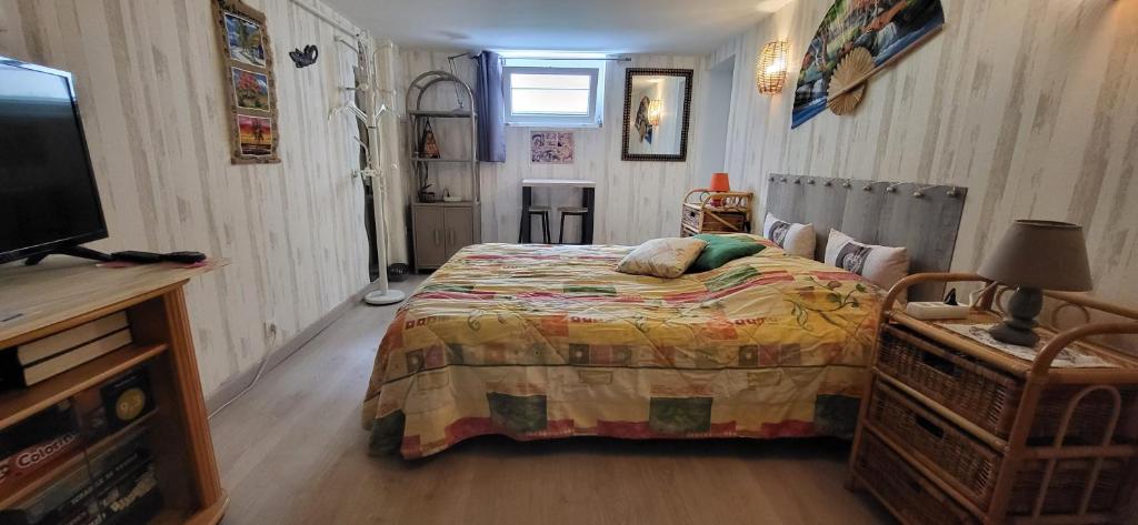 Un pequeño dormitorio con una cama y un televisor. en Croix Montoire, en Tours