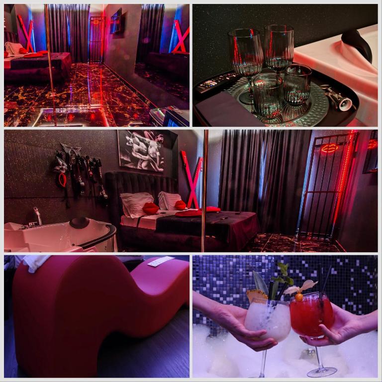 a collage of photos of a room with a table and glasses at Romeo Nights - Private Rooms - Adults Only in Bucharest