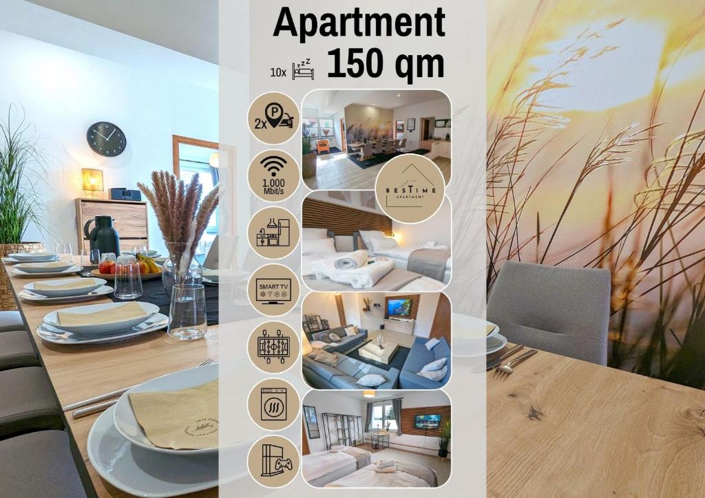 a collage of photos of a dining room with a dining table at BesTime - 5 Schlafzimmer, Wohnzimmer, Küche, Waschtrockner, Terrasse, Smart-TVs, Netflix, Tischfußball in Wildeshausen