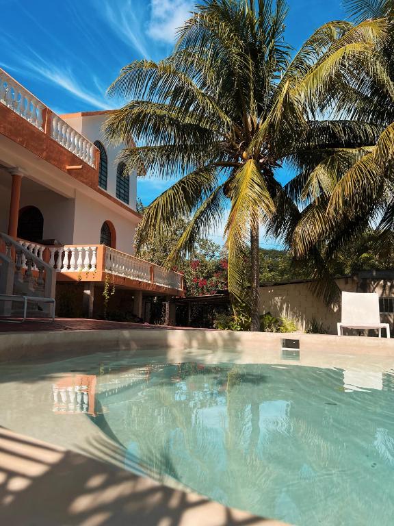 a swimming pool in front of a house with a palm tree at Villa X'Cocay in Valladolid