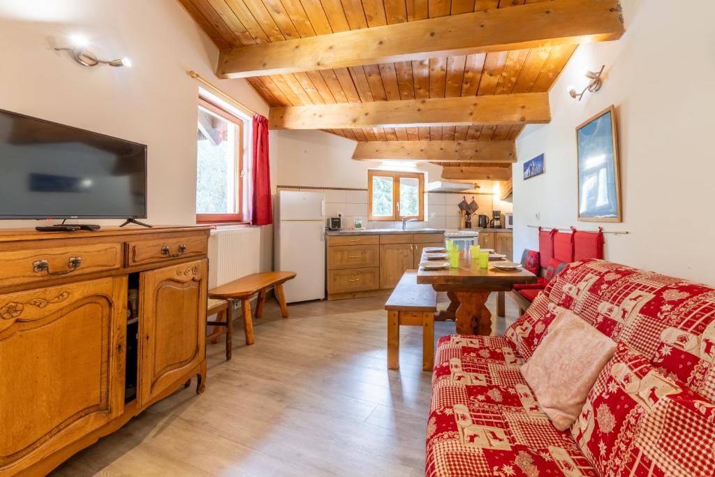 un salon avec un canapé et une télévision dans l'établissement Appartement Grand Roc 2 - 241 - Happy Rentals, à Chamonix-Mont-Blanc