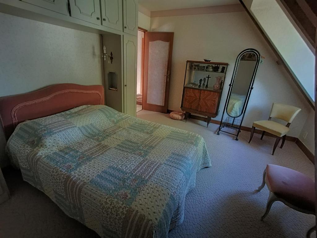 une chambre avec un lit, un miroir et une chaise dans l'établissement Maison de famille 8-9 personnes, à Saint-Hilaire-Peyroux