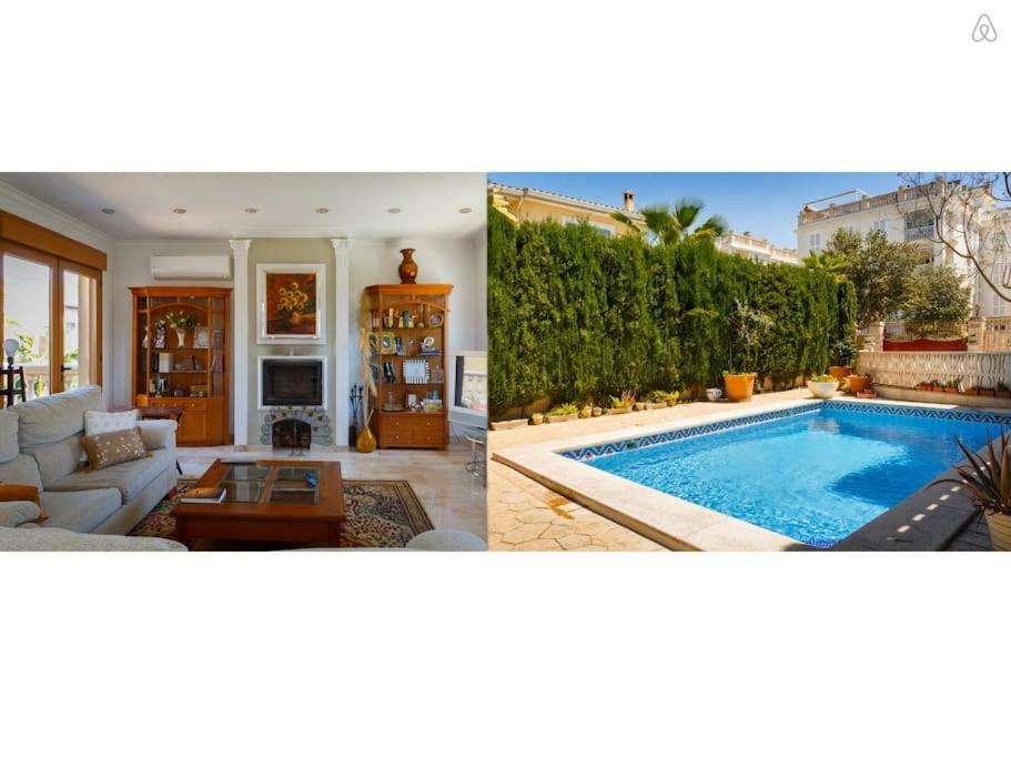 two pictures of a living room and a swimming pool at BEACH VILLA with PRIVATE POOL in Palma de Mallorca