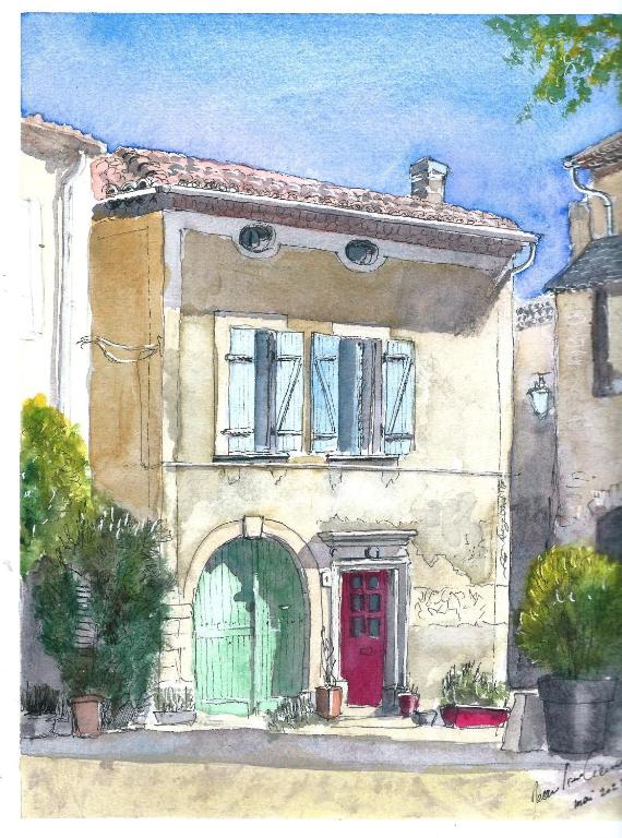 une peinture d'une maison avec une porte rouge dans l'établissement Maison de Vacances Provençale, à Venterol