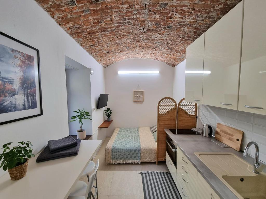 cocina con paredes blancas y techo de ladrillo en Jonas Old Town Apartment, en Košice
