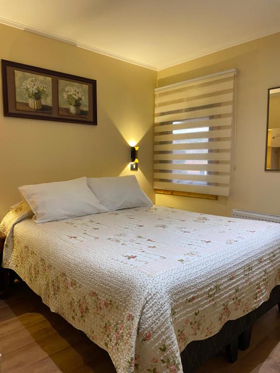 a bedroom with a large bed with a window at Hostal Graciela in Pucón