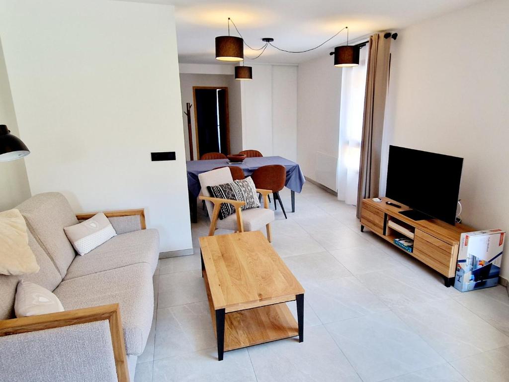 un salon avec un canapé et une télévision dans l'établissement Appartement cosy 2 pièces à Plagne Montalbert, proche pistes et commerces, avec garage et wifi - FR-1-755-19, à Aime La Plagne