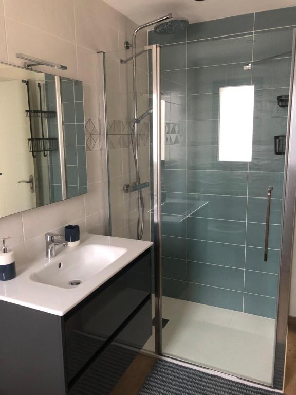 Un baño con lavabo y ducha de cristal. en Gîtes TiArMein, en Guissény