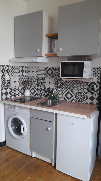 une cuisine avec un évier et une machine à laver dans l'établissement Studio cosy proche de Paris et Orly, à Ville Héry