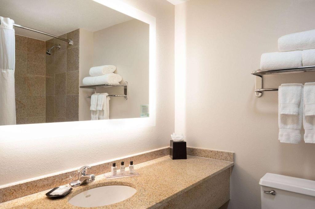 a bathroom with a sink and a mirror and towels at Wyndham Indianapolis Airport in Indianapolis