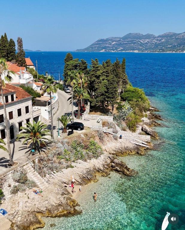 an aerial view of a beach with people in the water at Apartments Jasmina in Korčula