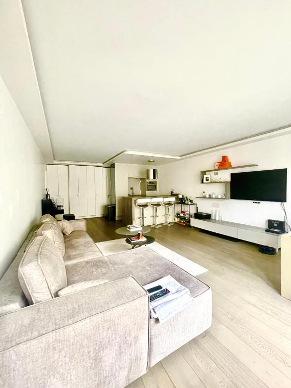 un salon avec un canapé et une télévision dans l'établissement Appartement proche Étoile, à Paris
