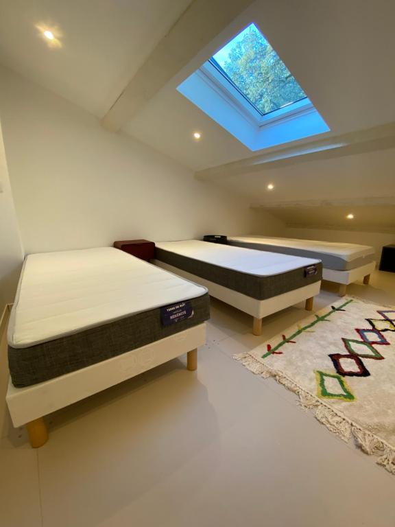 2 camas en un dormitorio con tragaluz en villa Bikini Bormes les mimosas, en Bormes-les-Mimosas
