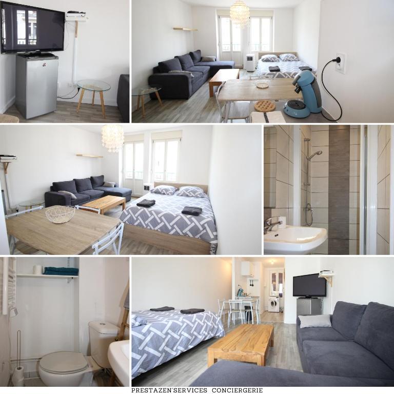 un collage de photos d'une chambre et d'un salon dans l'établissement Verdun Centre - Studio - 1 LIT et canapé convertible - Internet et TV - 4 personnes - Géré par Presta-Zen'Services, à Verdun-sur-Meuse