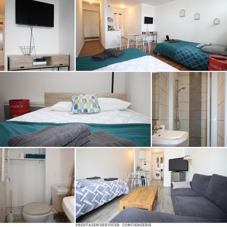 un collage de photos d'une chambre d'hôtel dans l'établissement Chez Marie et Geneviève - Verdun Centre - STUDIO - 2 GRANDS LITS - Géré par Presta-Zen'Services, à Verdun-sur-Meuse