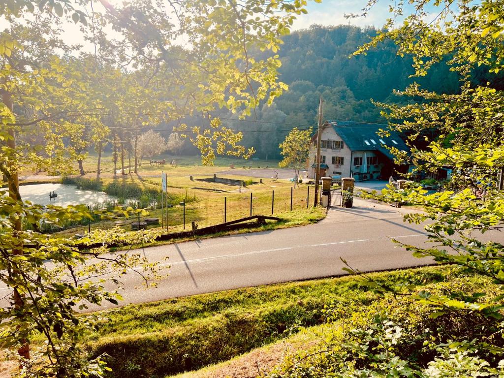 une route menant à une maison avec un bâtiment dans l'établissement Maison d'hôtes en pleine nature avec chevaux, à Soucht