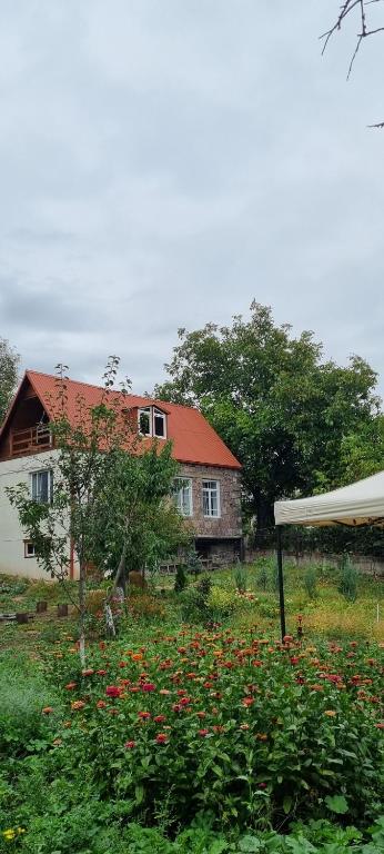 a house in a field with flowers in front of it at Hooni_guesthouse in Odzun