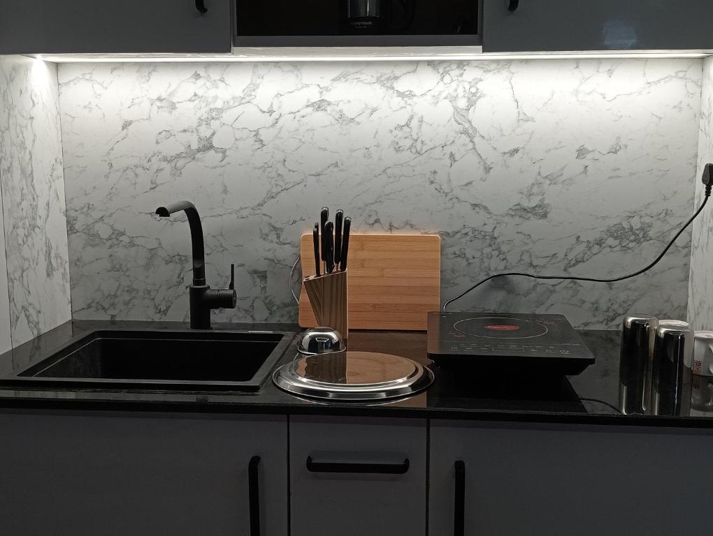 a kitchen with a sink and a counter top with a sink at Nawabi SunRise HomeStay in Lucknow