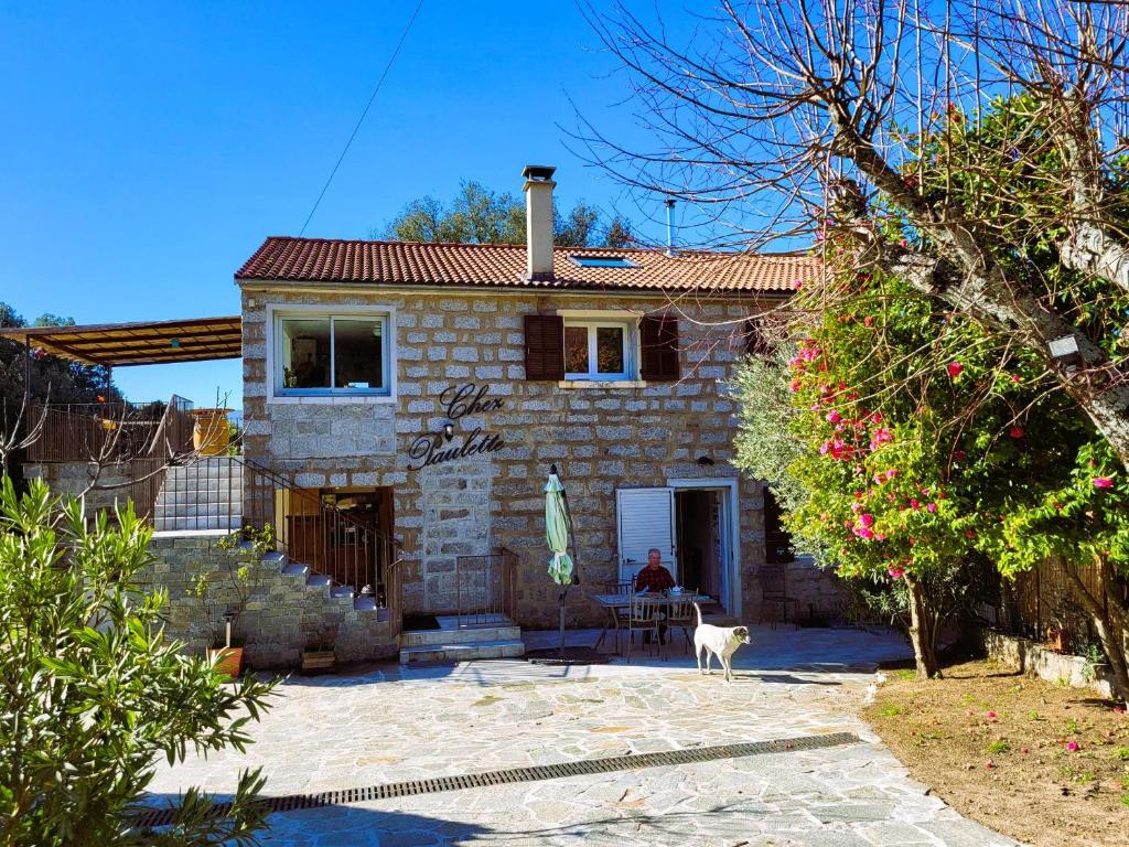 a stone house with a dog standing in front of it at Chez Paulette - meublé de tourisme classé 3 étoiles in Zonza