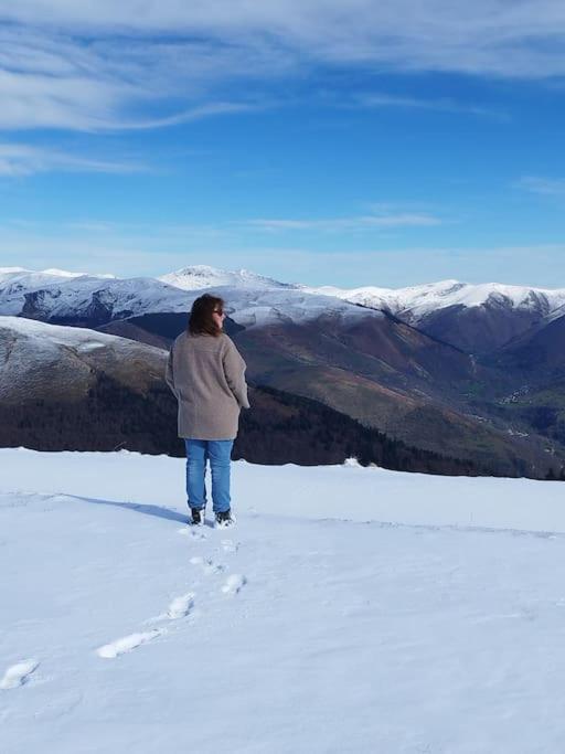 une femme debout au sommet d'une montagne enneigée dans l'établissement Appartement Superbagnères St Aventin, à Superbagnères