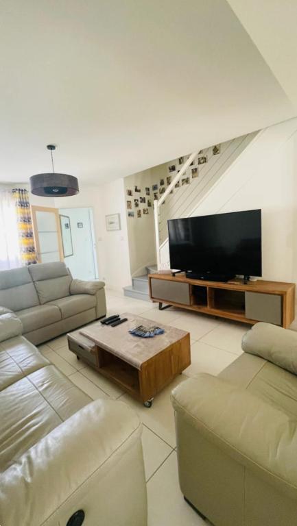 un salon avec un canapé et une télévision dans l'établissement La douceur Angevine !, à Les Ponts-de-Cé