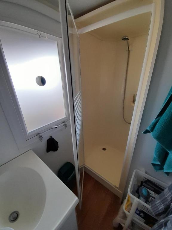 Koupelna v ubytování location type gîte, chambre d'hôte, meublé de tourisme dans joli petit chalet typique et ou jolie roulotte type bohème