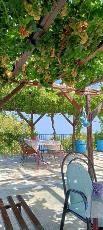 a park with two benches and a table under a tree at Μπαλκόνι του Αιγαίου/ Aegean balcony in Tsagarada