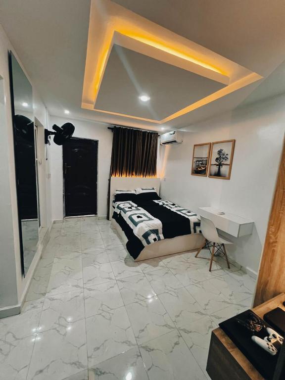 Cozy Studio Apartment, 24hrs light, Netflix, PS in Surulere, Lagos في لاغوس: غرفة نوم بسرير ومكتب في غرفة