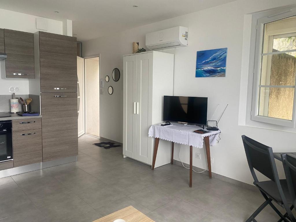 Kuchyňa alebo kuchynka v ubytovaní Splendide Studio Miramar vue mer avec terrasse